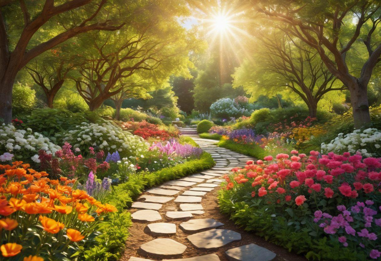 A serene garden with vibrant flowers and warm sunlight filtering through trees, symbolizing joy and positivity. Include a person practicing mindfulness or meditation surrounded by nature, with a gentle smile. A path winding through the flowers suggests a journey to happiness. Bright colors with a soft focus create a peaceful atmosphere. super-realistic. vibrant colors. 3D.