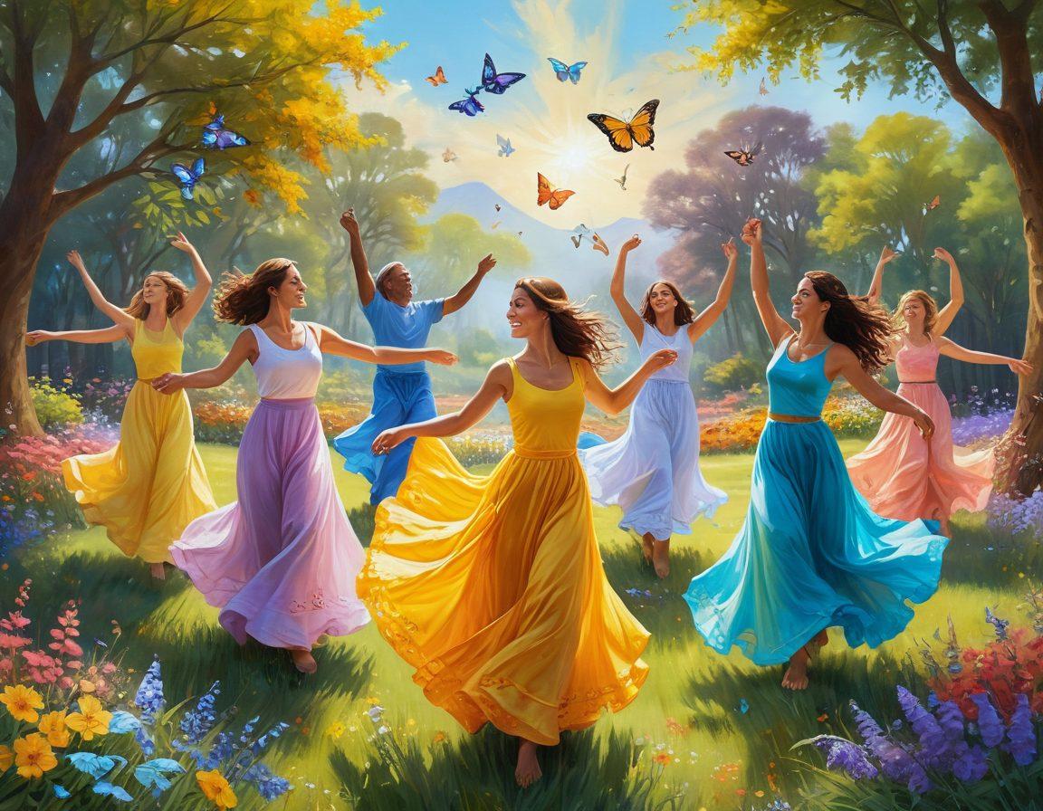 A bright and sunny landscape featuring a diverse group of people joyfully engaging in various uplifting activities like dancing, painting, and meditating. Surrounding them are colorful flowers, butterflies, and uplifting quotes in the breeze, symbolizing positivity and cheerfulness. The scene should evoke a sense of warmth and happiness, with vibrant colors enhancing the mood. super-realistic. vibrant colors. light and airy atmosphere.