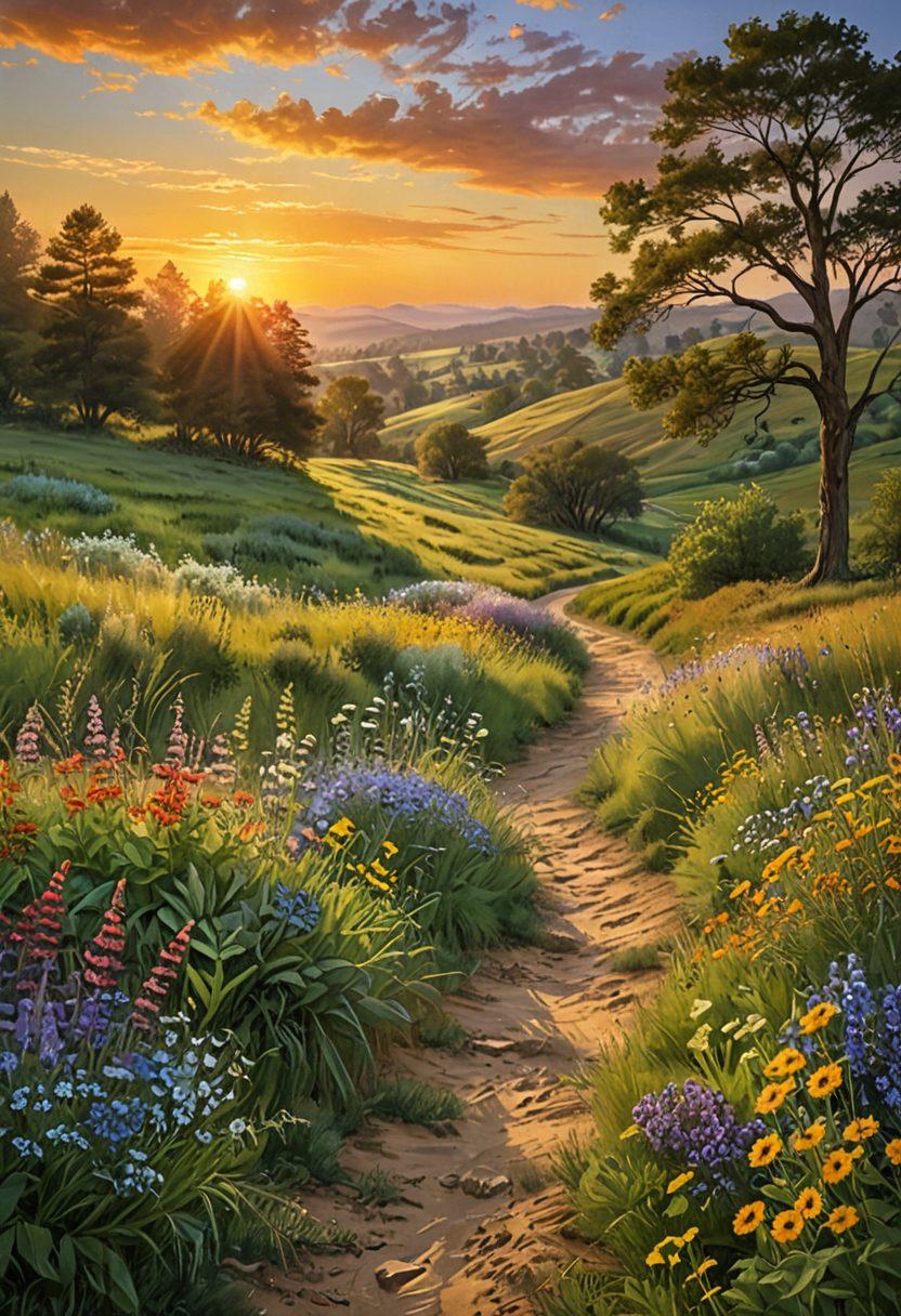 A serene landscape capturing the journey from elation to satisfaction, featuring a vibrant sunrise over rolling hills, symbolizing new beginnings. Include a winding path leading to a peaceful meadow filled with diverse wildflowers, representing growth and flourishing spirit. Integrate subtle imagery of joyful people engaged in uplifting activities, merging seamlessly with the scenery. Use soft, warm colors to evoke feelings of tranquility and happiness. super-realistic. vibrant colors.